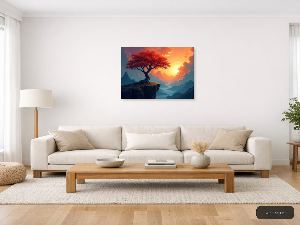 Crimson Tree Sunset Mountain Landscape Abstract Wall Art — A3 / Living Room