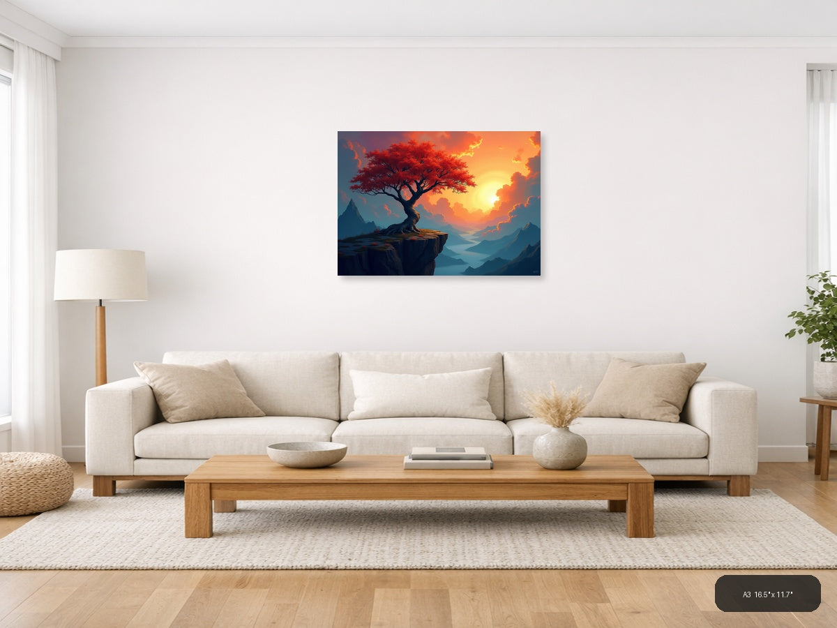 Crimson Tree Sunset Mountain Landscape Abstract Wall Art — A3 / Living Room