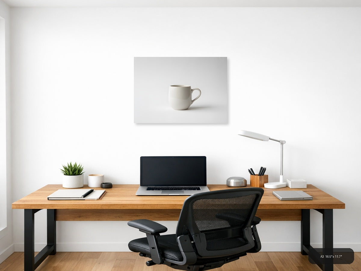 Minimalist White Ceramic Mug Still Life Wall Art — A3 / Office