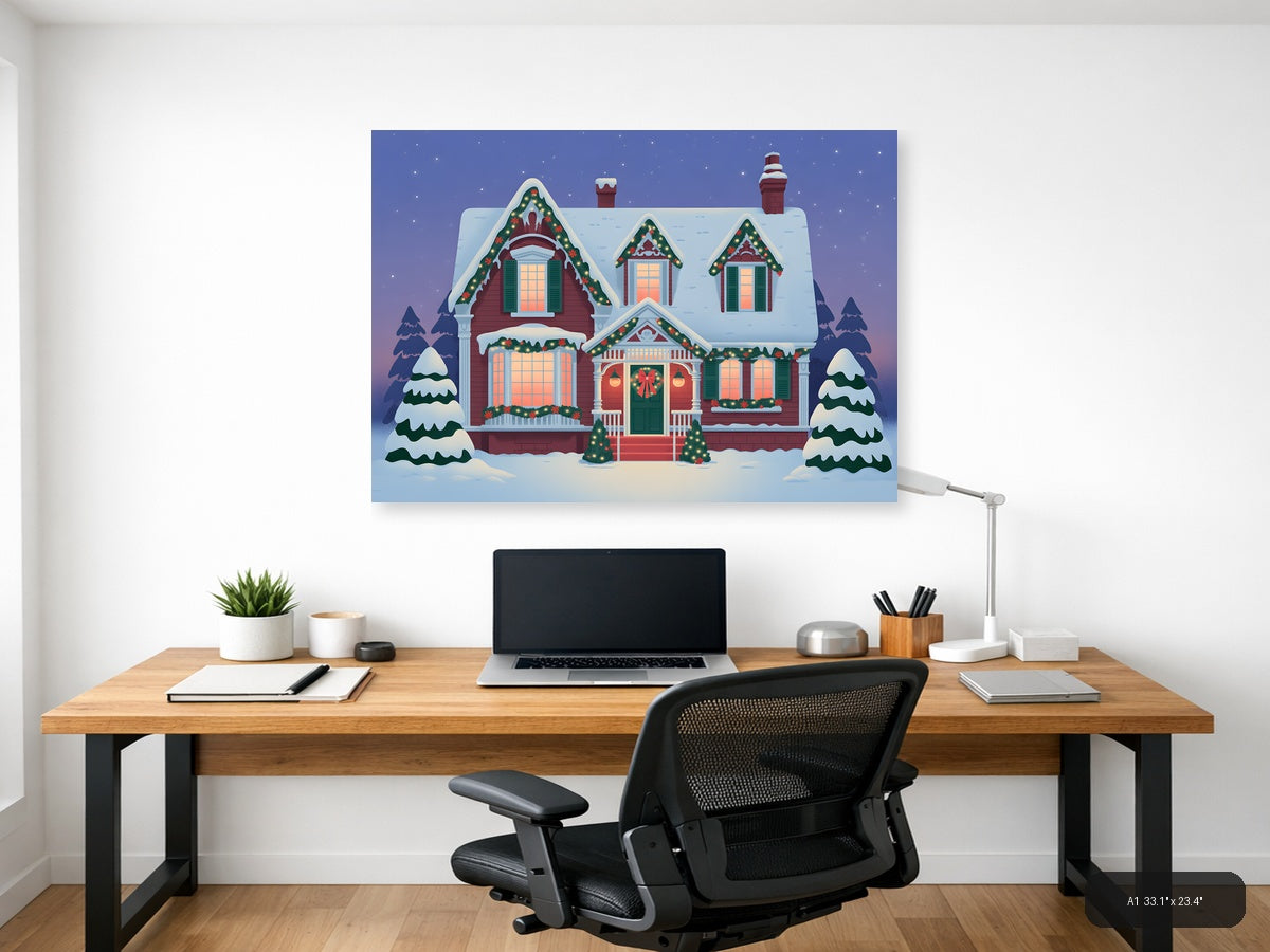 Vintage Christmas House Snow Scene Landscape Wall Art — A1 / Office