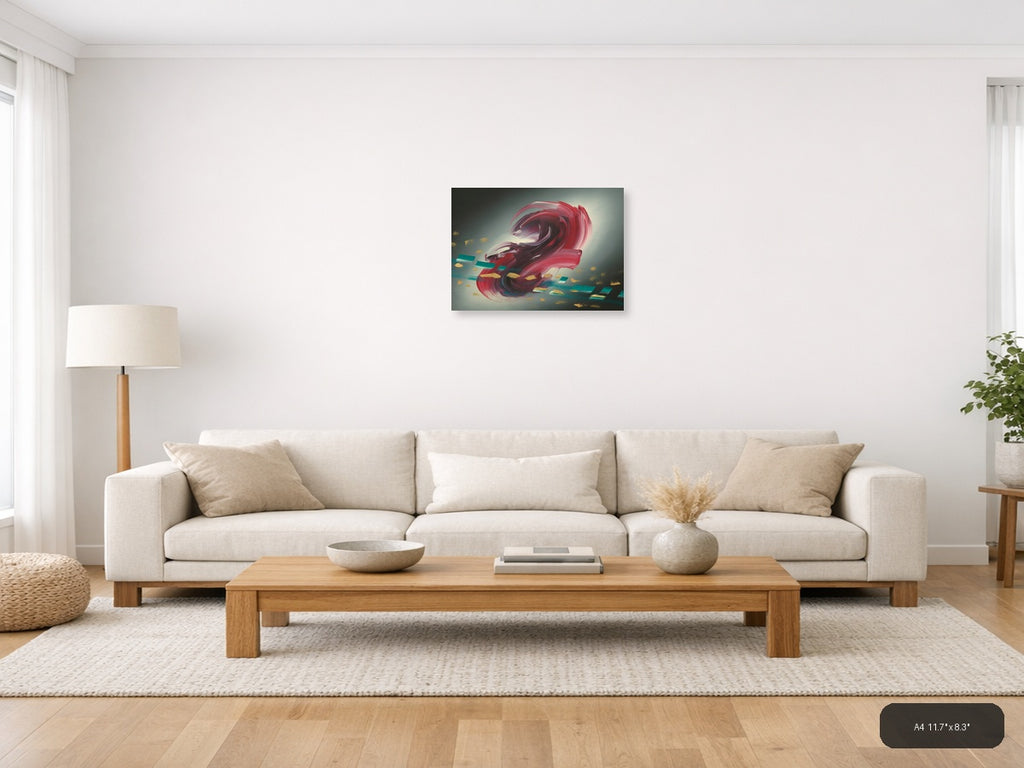 Red Abstract Swirl with Gold Accents Modern Wall Art — A4 / Living Room