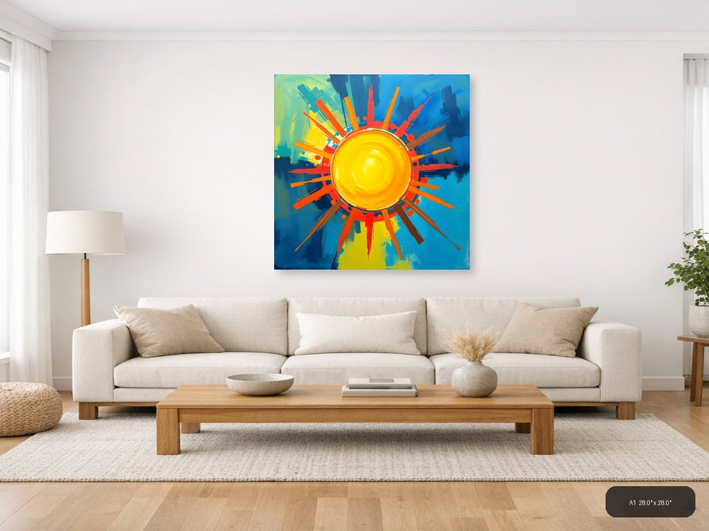 Abstract Sun Burst Modern Art | Vibrant Yellow Blue Wall Art — A1 / Living Room