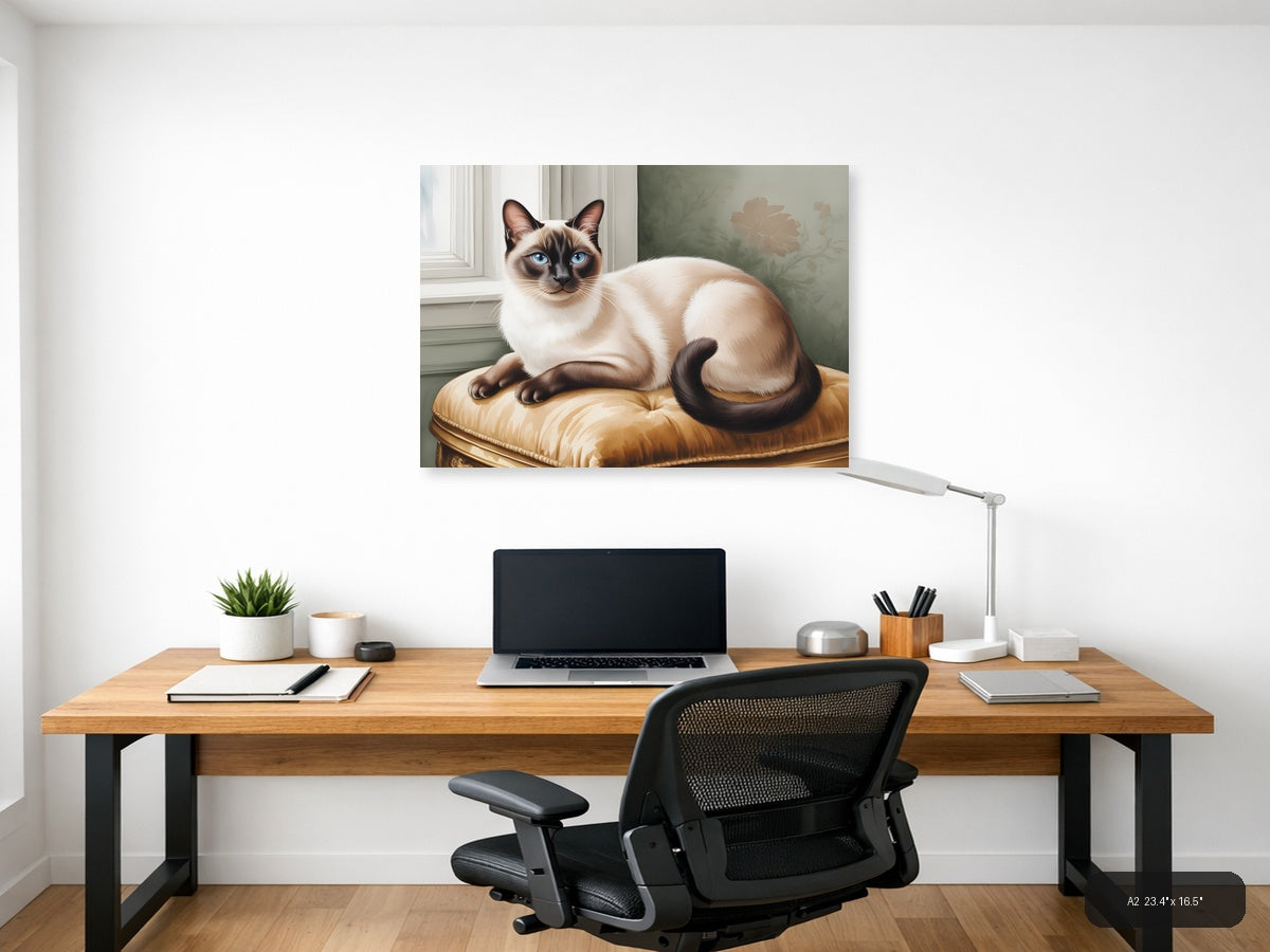 Siamese Cat on Gold Cushion Watercolor Wall Art — A2 / Office