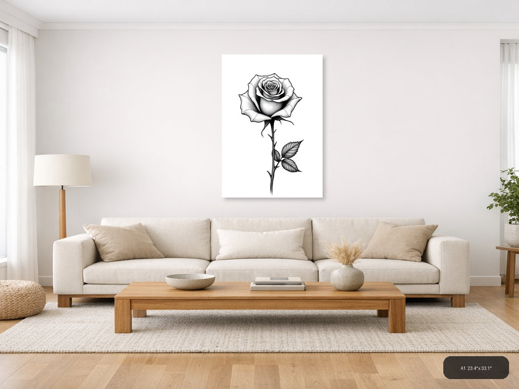 Rose Line Art Portrait with Stem and Leaves Wall Art — A1 / Living Room