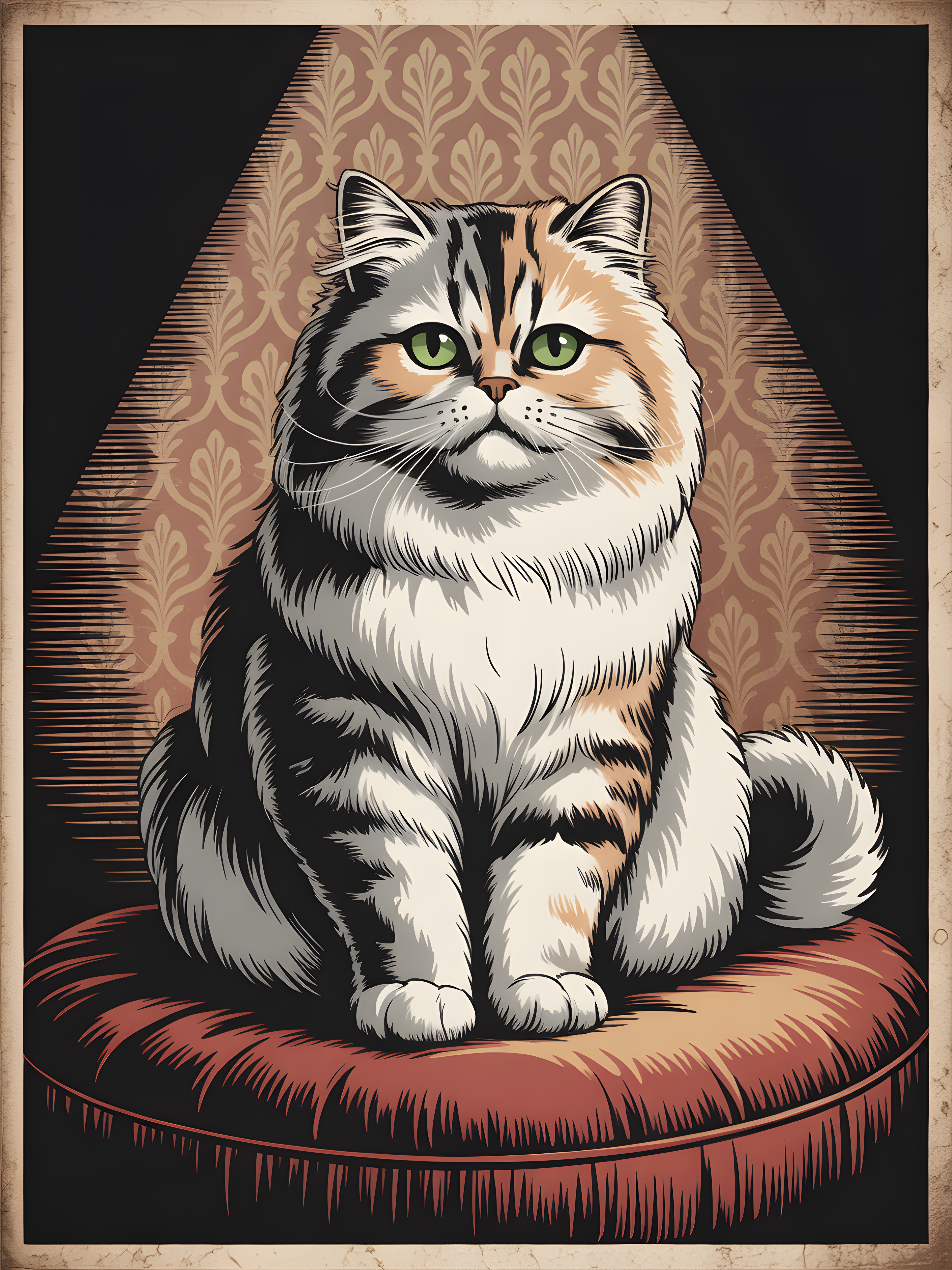 Vintage Fluffy Cat Portrait with Green Eyes Wall Art
