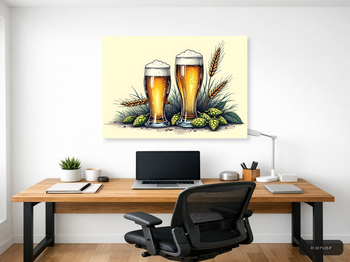 Beer Glasses with Hops and Wheat Line Art Wall Art — A1 / Office