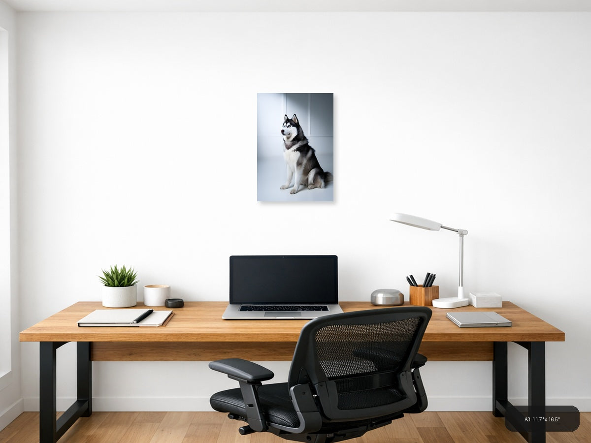 Black and White Husky Portrait Minimalist Wall Art — A3 / Office