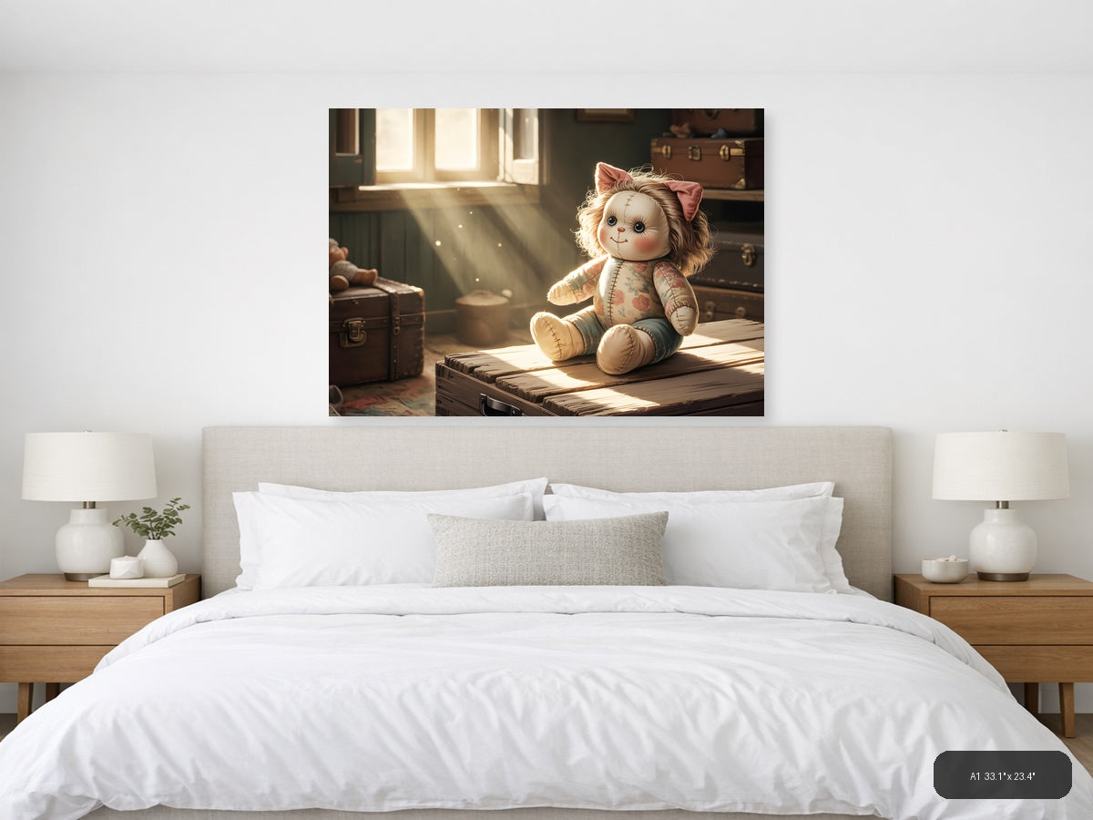 Vintage Stitched Doll in Sunlit Room Wall Art — A1 / Bedroom