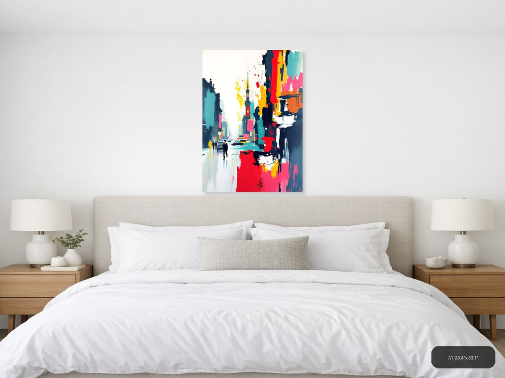 Abstract Cityscape with Tower - Modern Colorful Wall Art — A1 / Bedroom