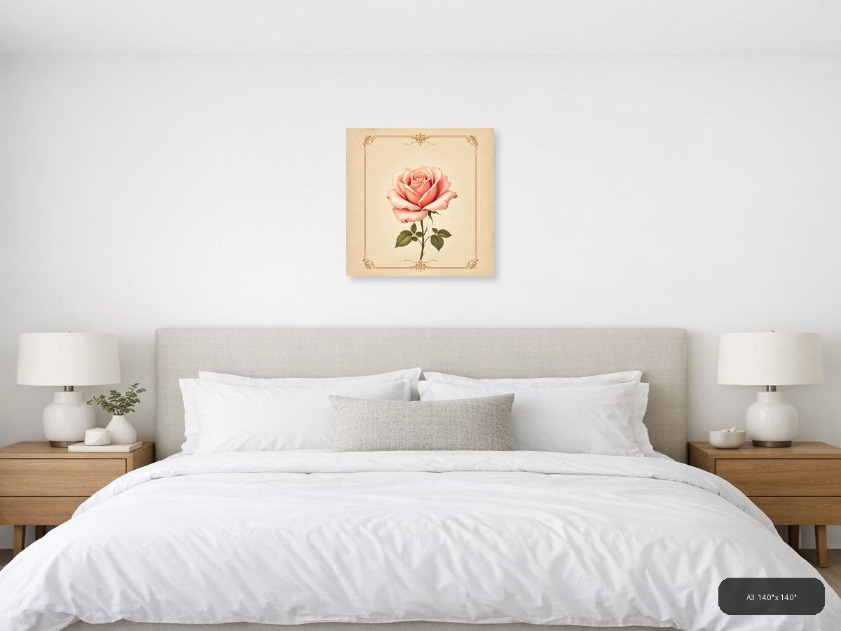 Vintage Coral Rose Botanical Illustration Wall Art — A3 / Bedroom