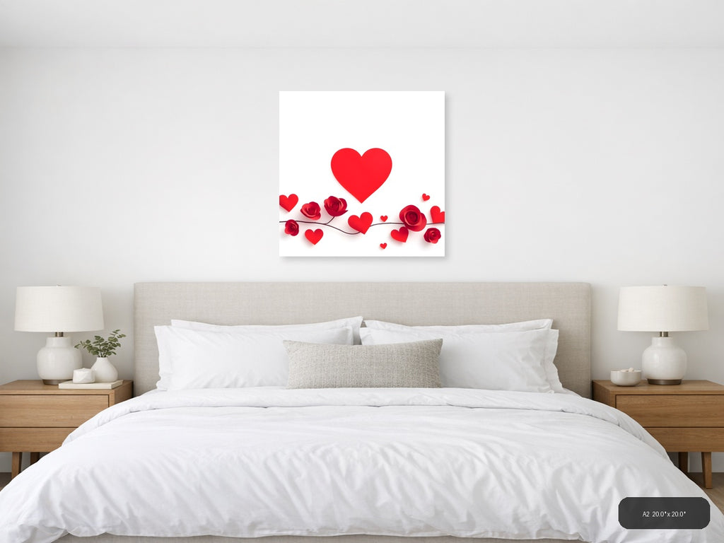 Minimalist Red Hearts and Roses Floral Wall Art — A2 / Bedroom