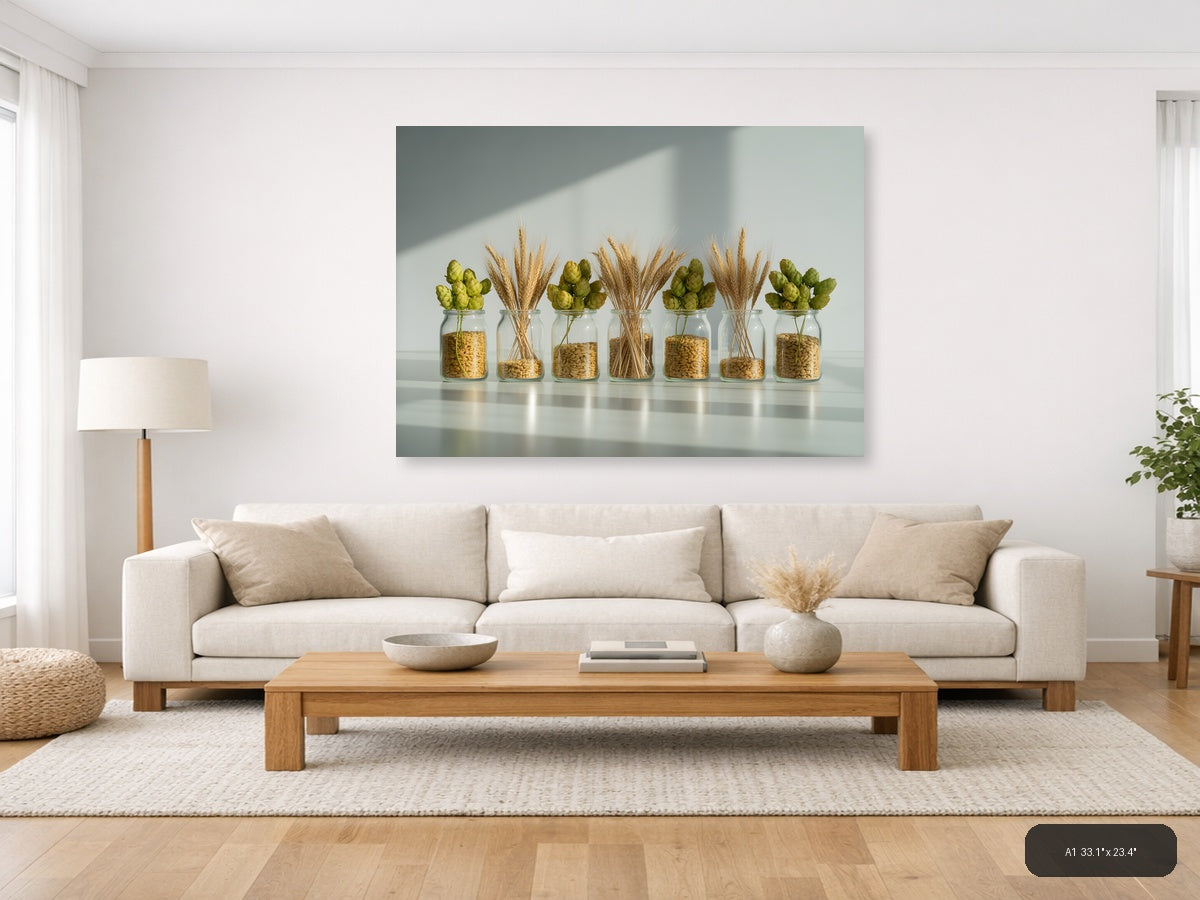 Minimalist Wheat & Hops Jars Still Life Wall Art — A1 / Living Room