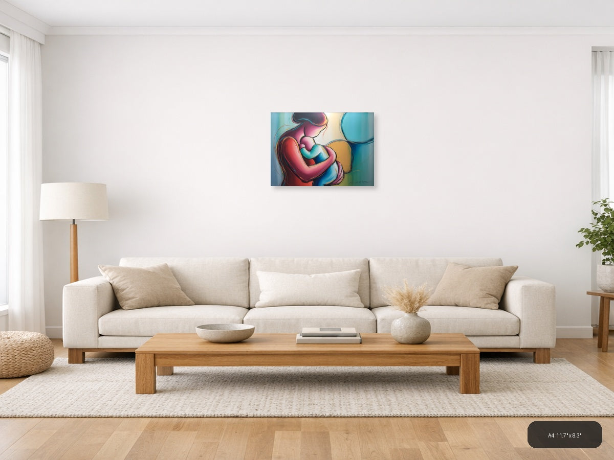 Colorful Abstract Mother and Child Embrace Wall Art — A4 / Living Room