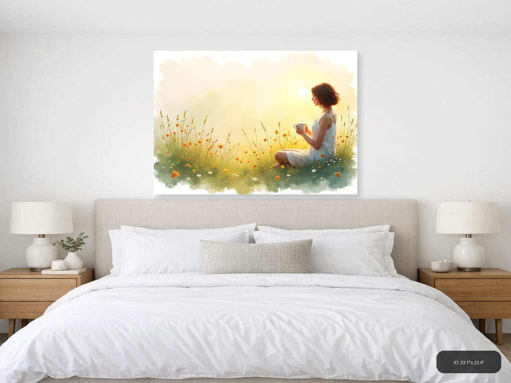 Woman in Wildflower Field at Sunrise Watercolor Wall Art — A1 / Bedroom