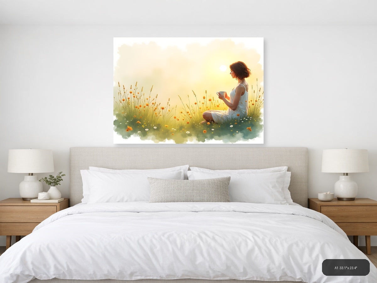 Woman in Wildflower Field at Sunrise Watercolor Wall Art — A1 / Bedroom