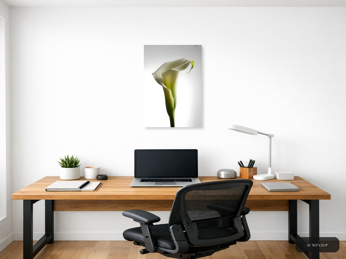 White Calla Lily with Dew Drops Minimalist Wall Art — A2 / Office