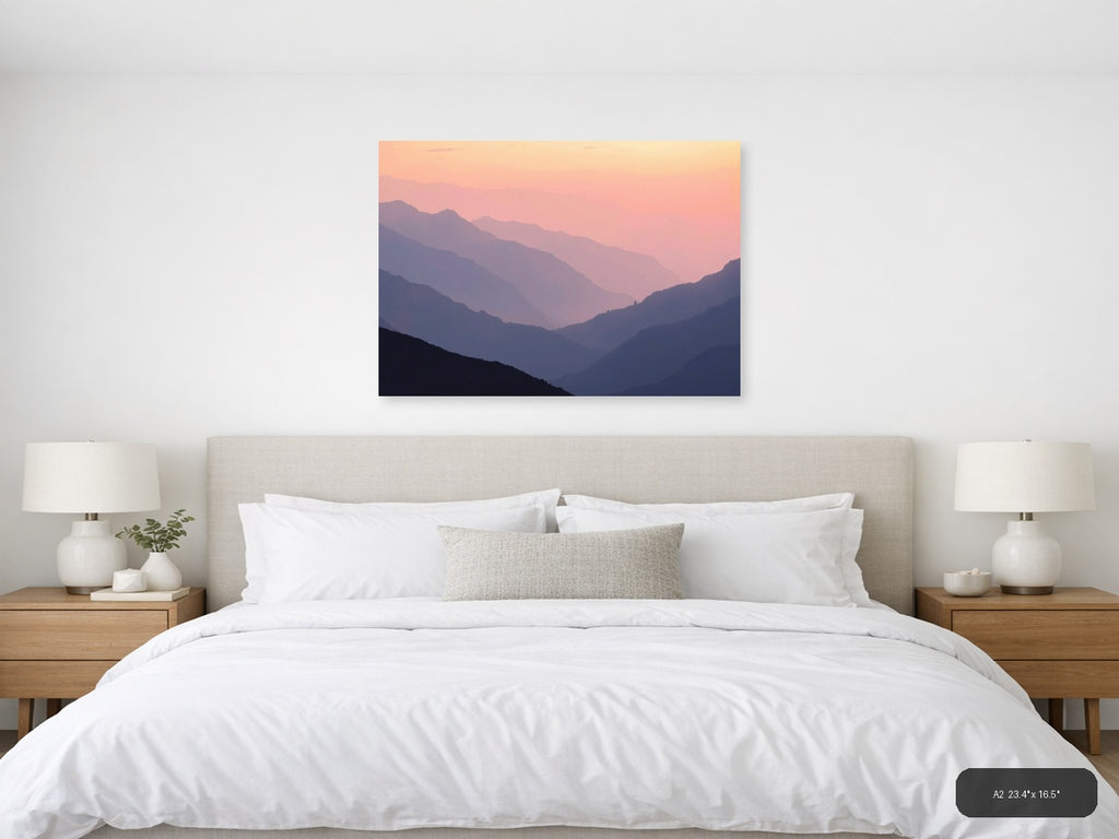 Minimalist Mountain Valley Sunset Pink Sky Wall Art — A2 / Bedroom