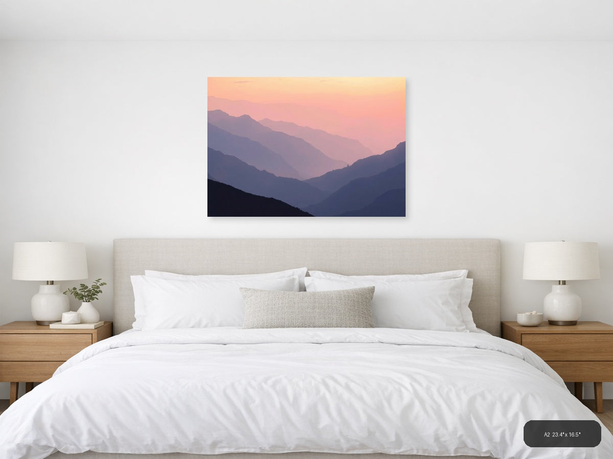 Minimalist Mountain Valley Sunset Pink Sky Wall Art — A2 / Bedroom