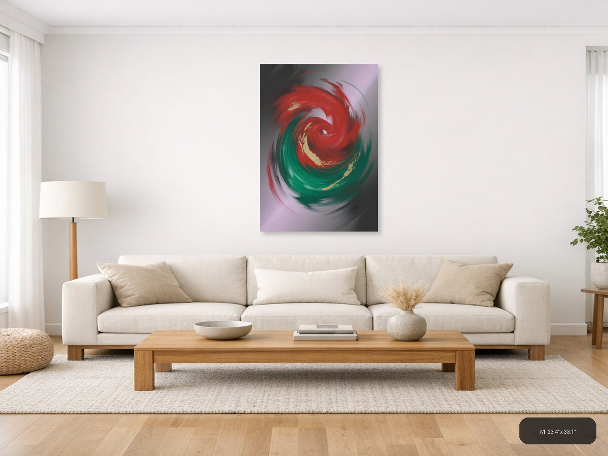 Red and Green Swirl Abstract Gold Accent Wall Art — A1 / Living Room