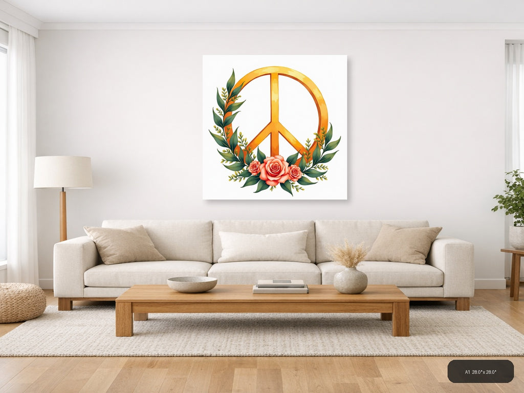 Golden Peace Sign with Roses Watercolor Wall Art — A1 / Living Room