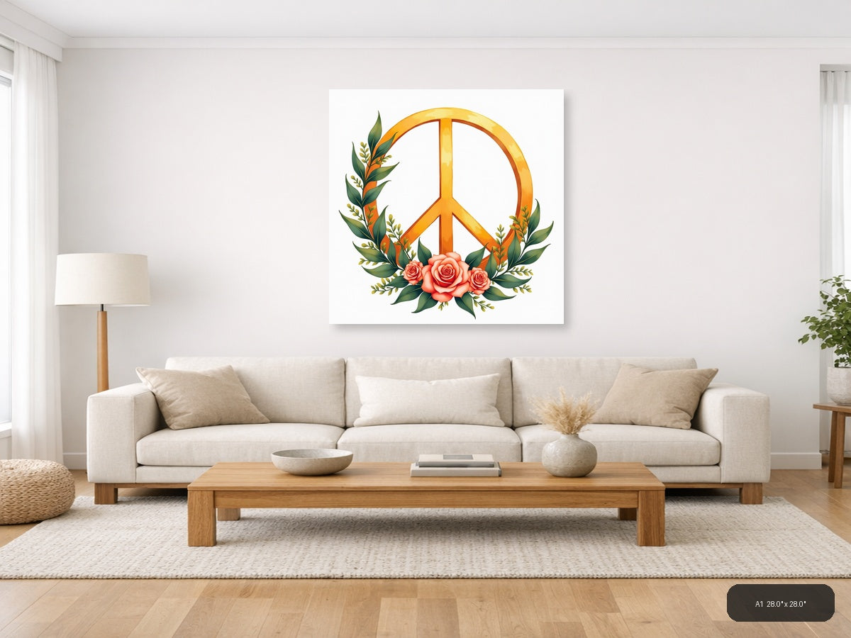 Golden Peace Sign with Roses Watercolor Wall Art — A1 / Living Room