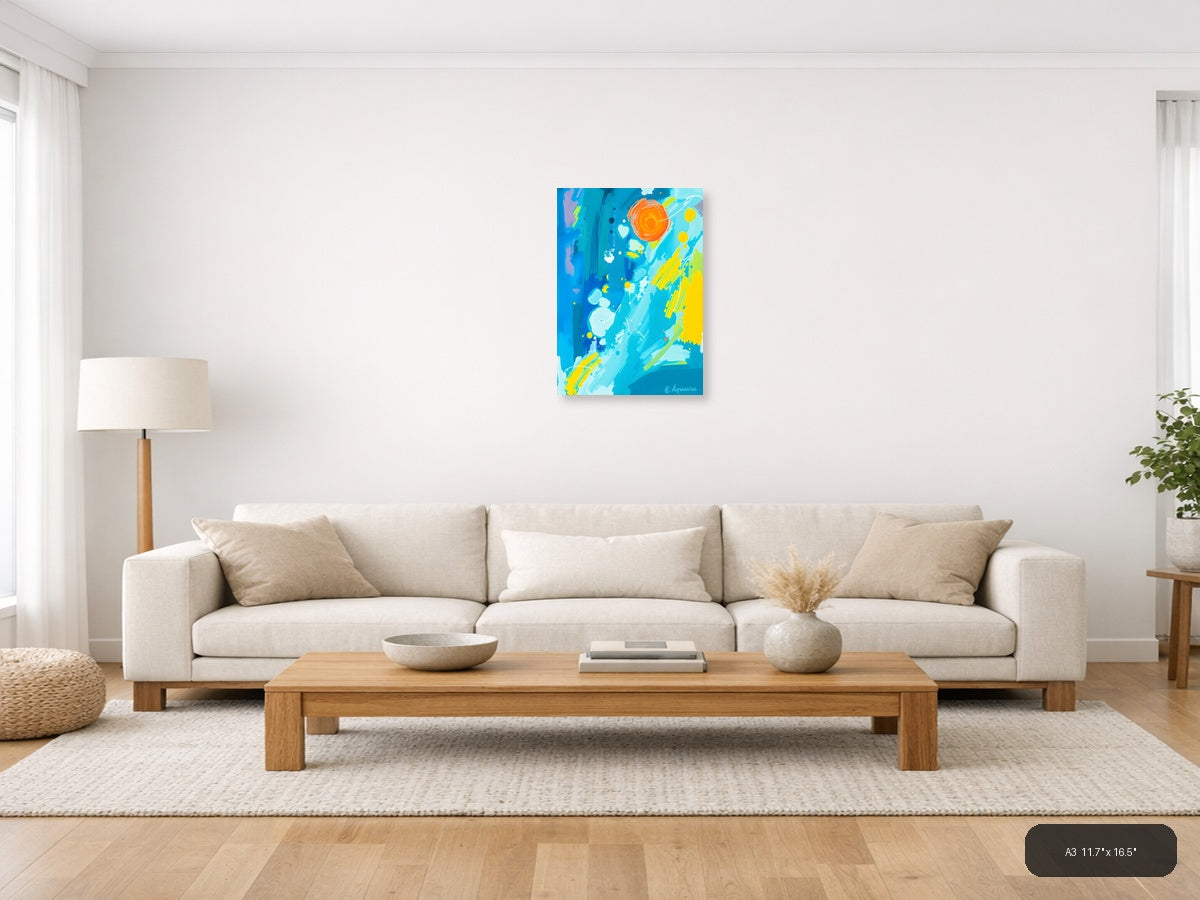 Abstract Blue Sky with Orange Sun & Planets Wall Art — A3 / Living Room