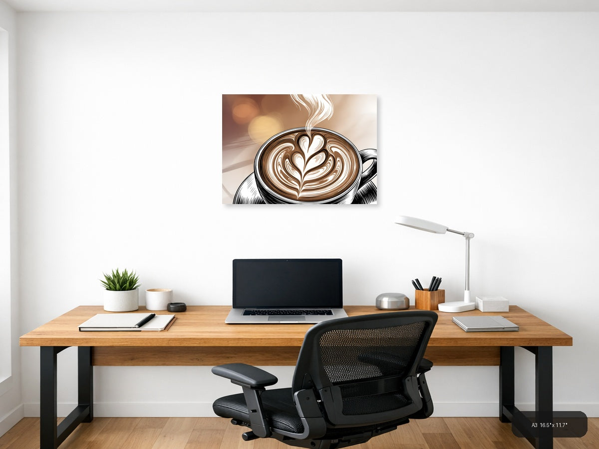 Latte Art Line Art - Coffee Cup with Heart Design Wall Art — A3 / Office