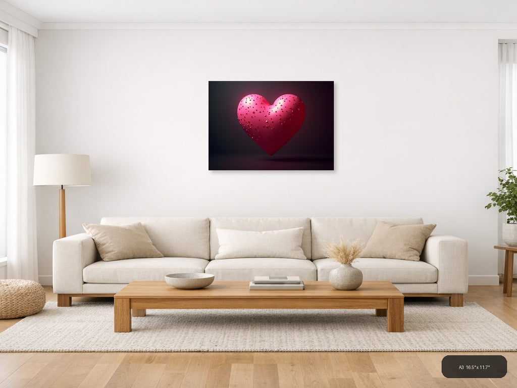 3D Pink Heart with Textured Surface Photography Wall Art — A3 / Living Room
