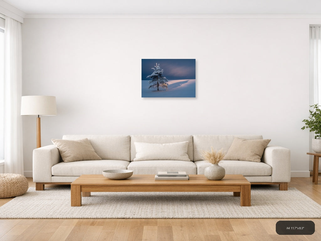 Frost-Covered Pine Tree in Winter Landscape Photography Wall Art — A4 / Living Room