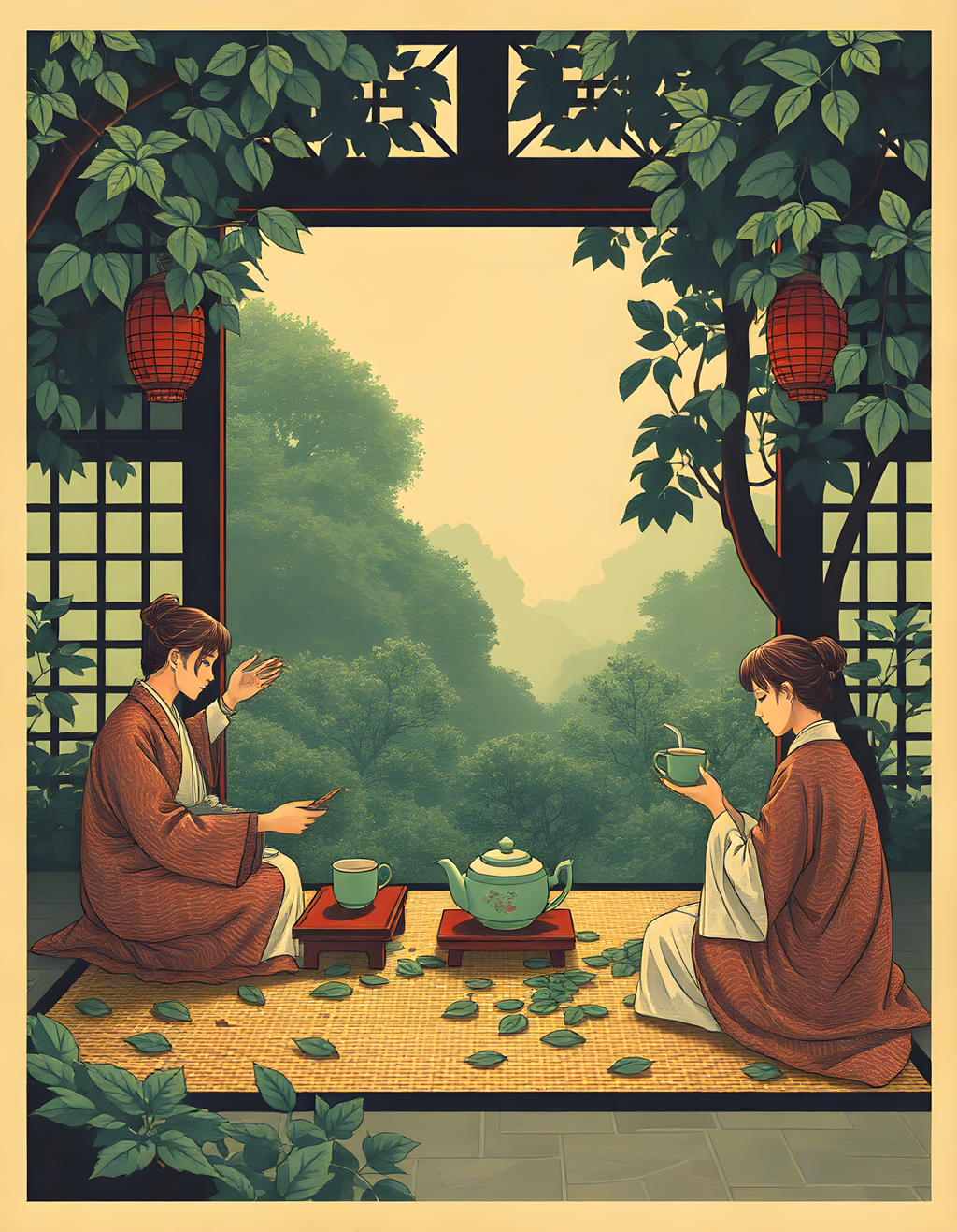 Vintage Asian Tea Ceremony Garden Wall Art