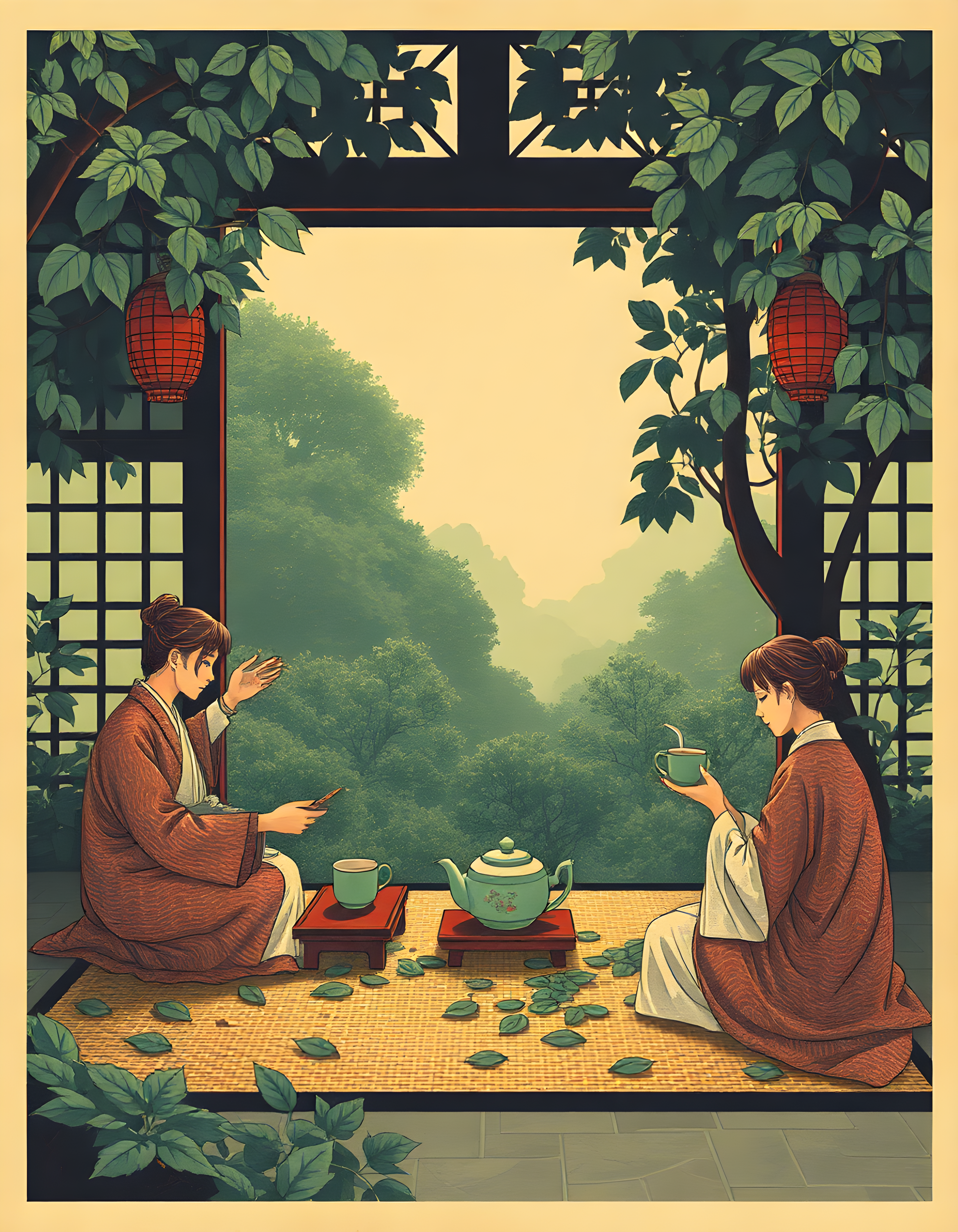 Vintage Asian Tea Ceremony Garden Wall Art