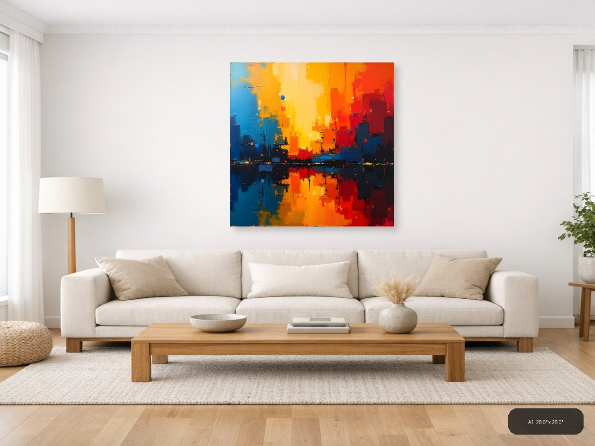 Abstract Cityscape Sunset Reflection Orange Blue Wall Art — A1 / Living Room