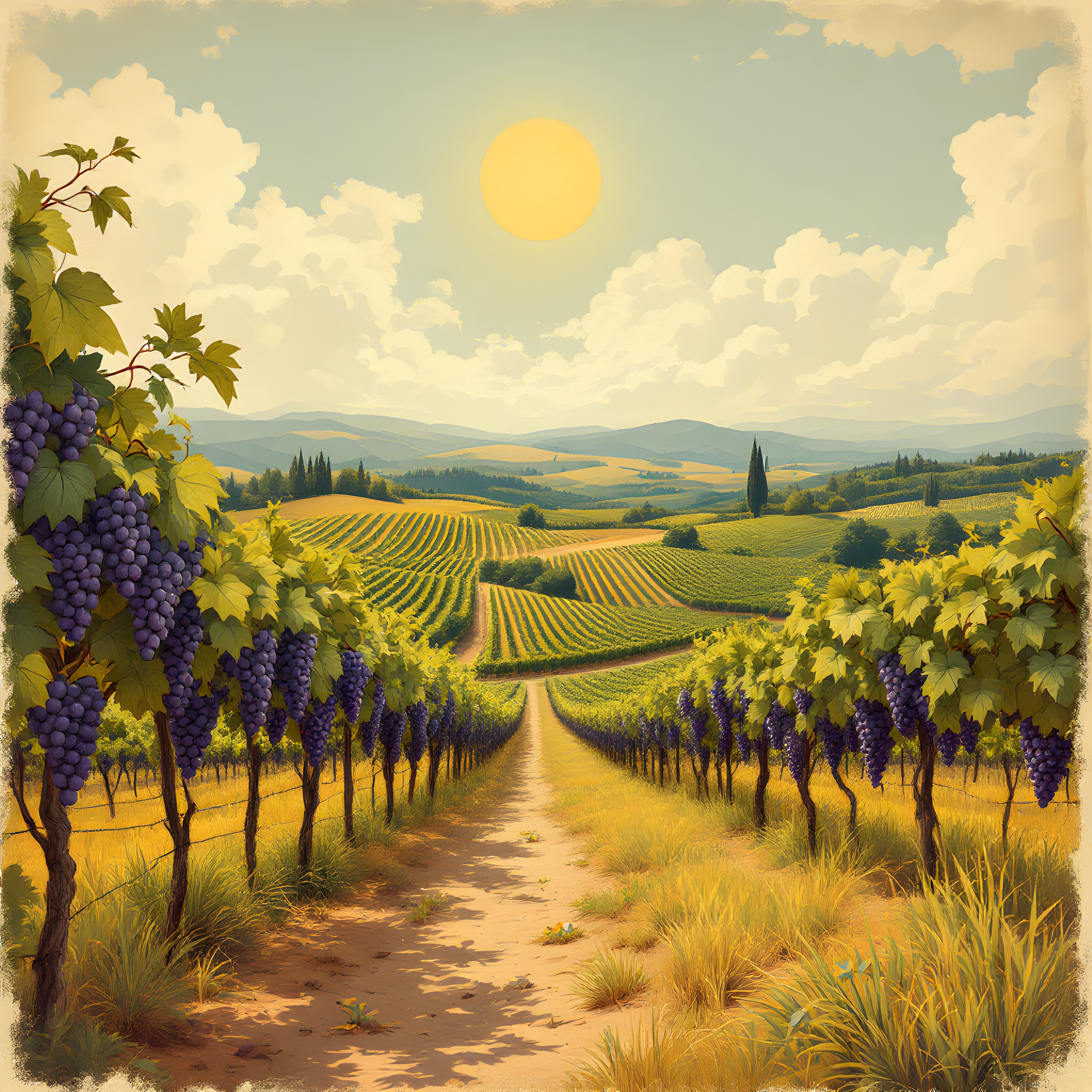 Vintage Tuscan Vineyard Landscape with Purple Grapes Wall Art