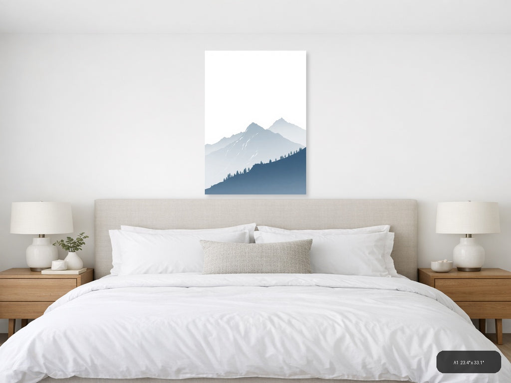 Misty Mountains with Evergreen Forest | Minimalist Landscape Wall Art — A1 (Bedroom)