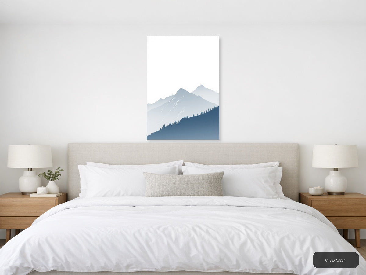 Misty Mountains with Evergreen Forest | Minimalist Landscape Wall Art — A1 (Bedroom)