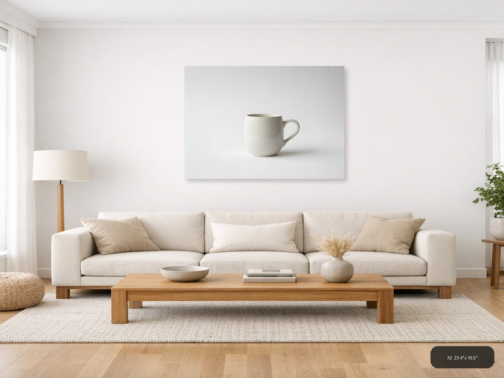 Minimalist White Ceramic Mug Still Life Wall Art — A2 / Living Room