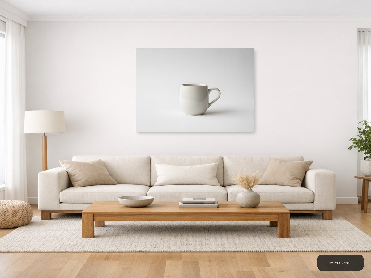 Minimalist White Ceramic Mug Still Life Wall Art — A2 / Living Room