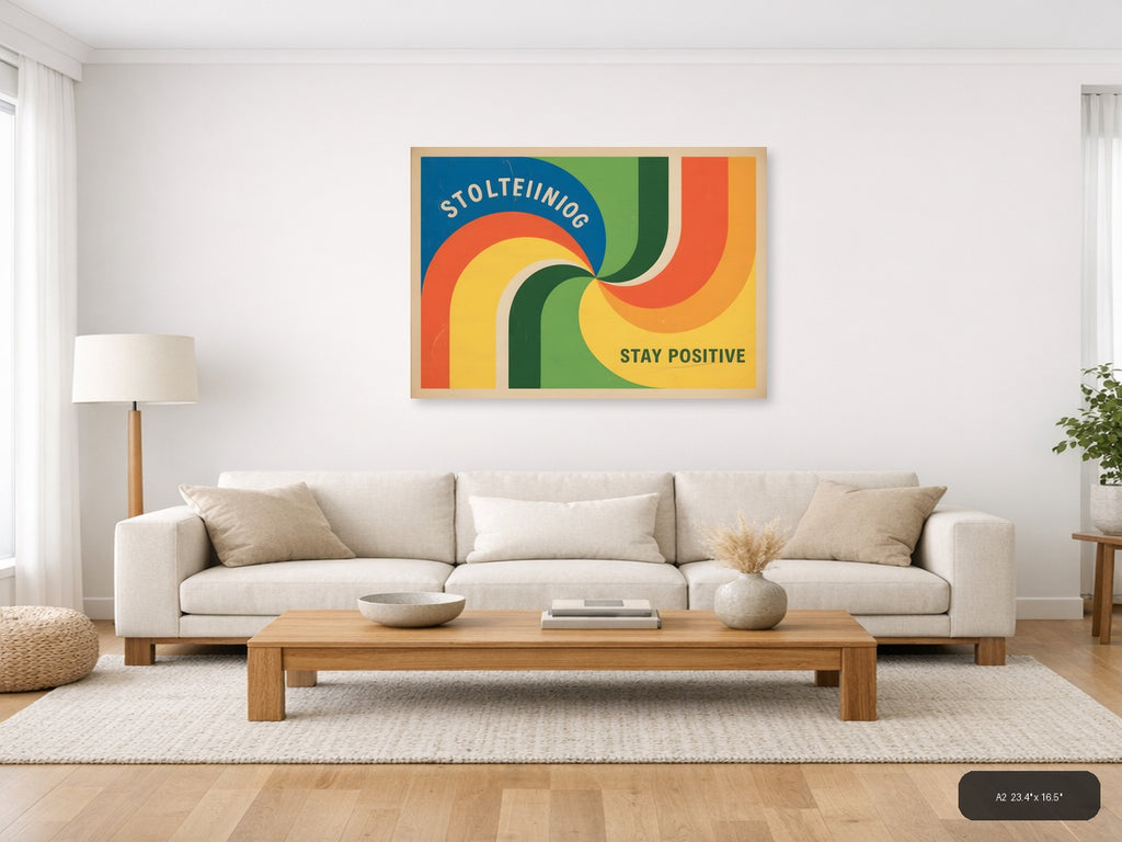 Vintage Retro Rainbow Curves 'Stay Positive' Wall Art — A2 / Living Room