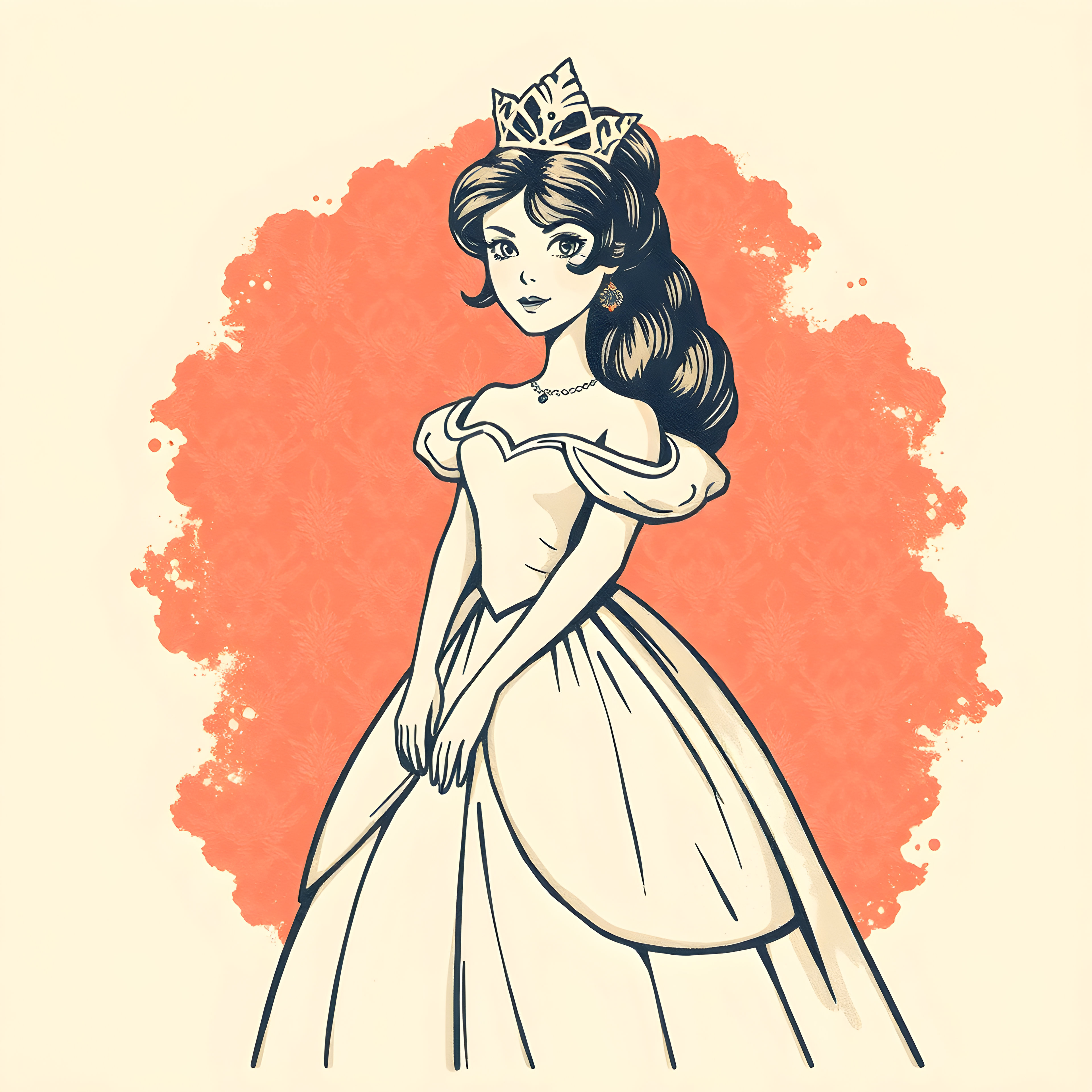 Vintage Princess Portrait with Crown - Coral Wall Art