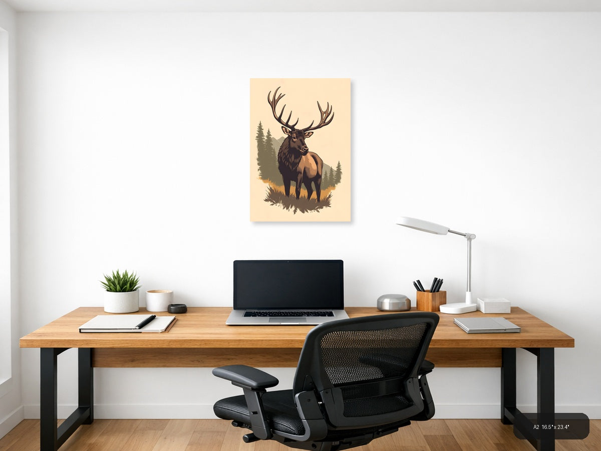 Majestic Elk with Antlers Vintage Forest Wall Art — A2 / Office