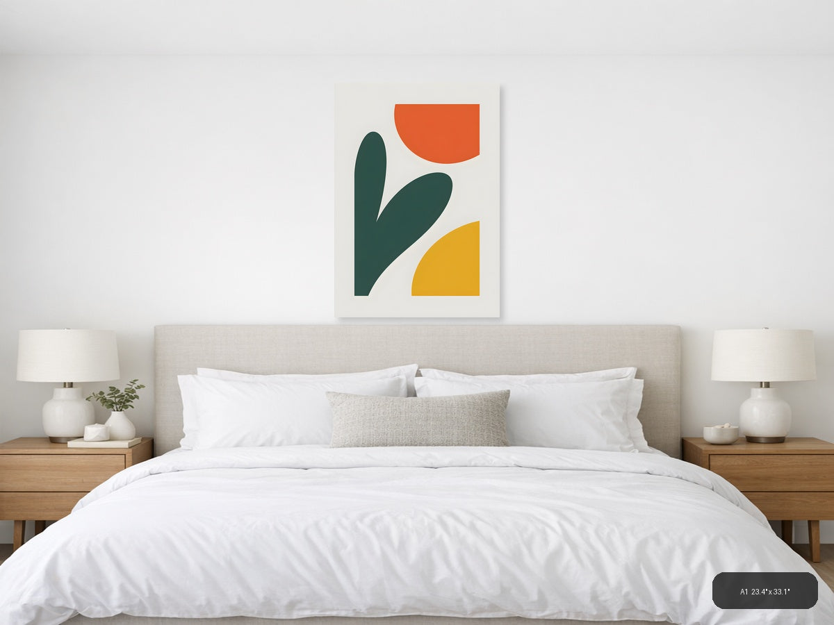 Minimalist Abstract Shapes in Teal, Orange & Yellow Wall Art — A1 / Bedroom
