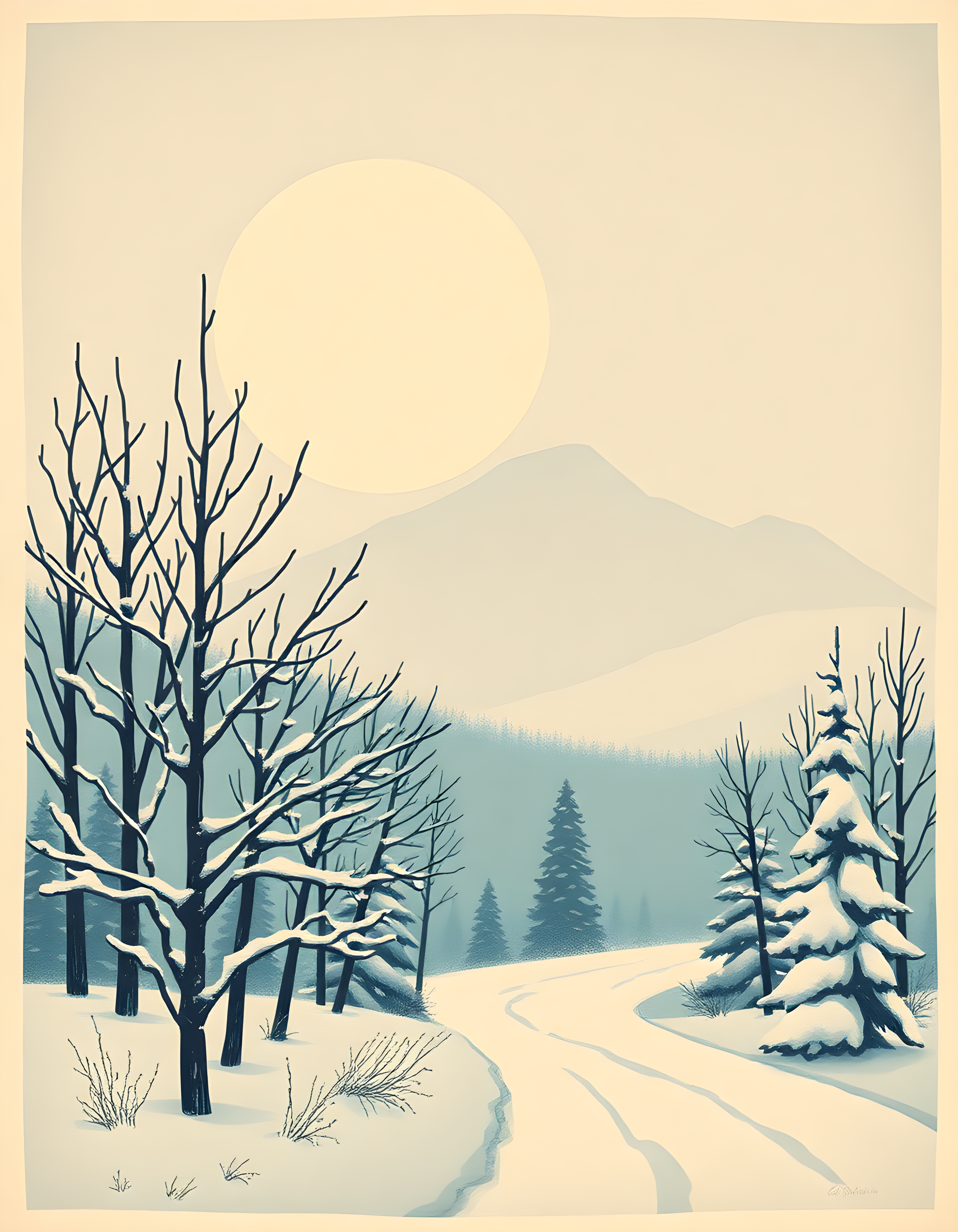 Vintage Winter Landscape with Snow-Covered Trees Wall Art