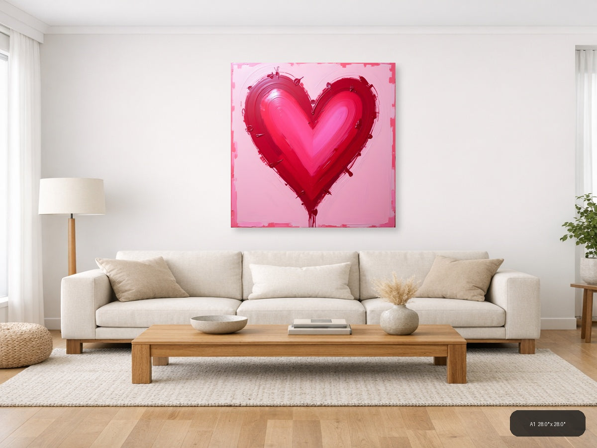 Abstract Red Heart Painting on Pink Background Wall Art — A1 / Living Room