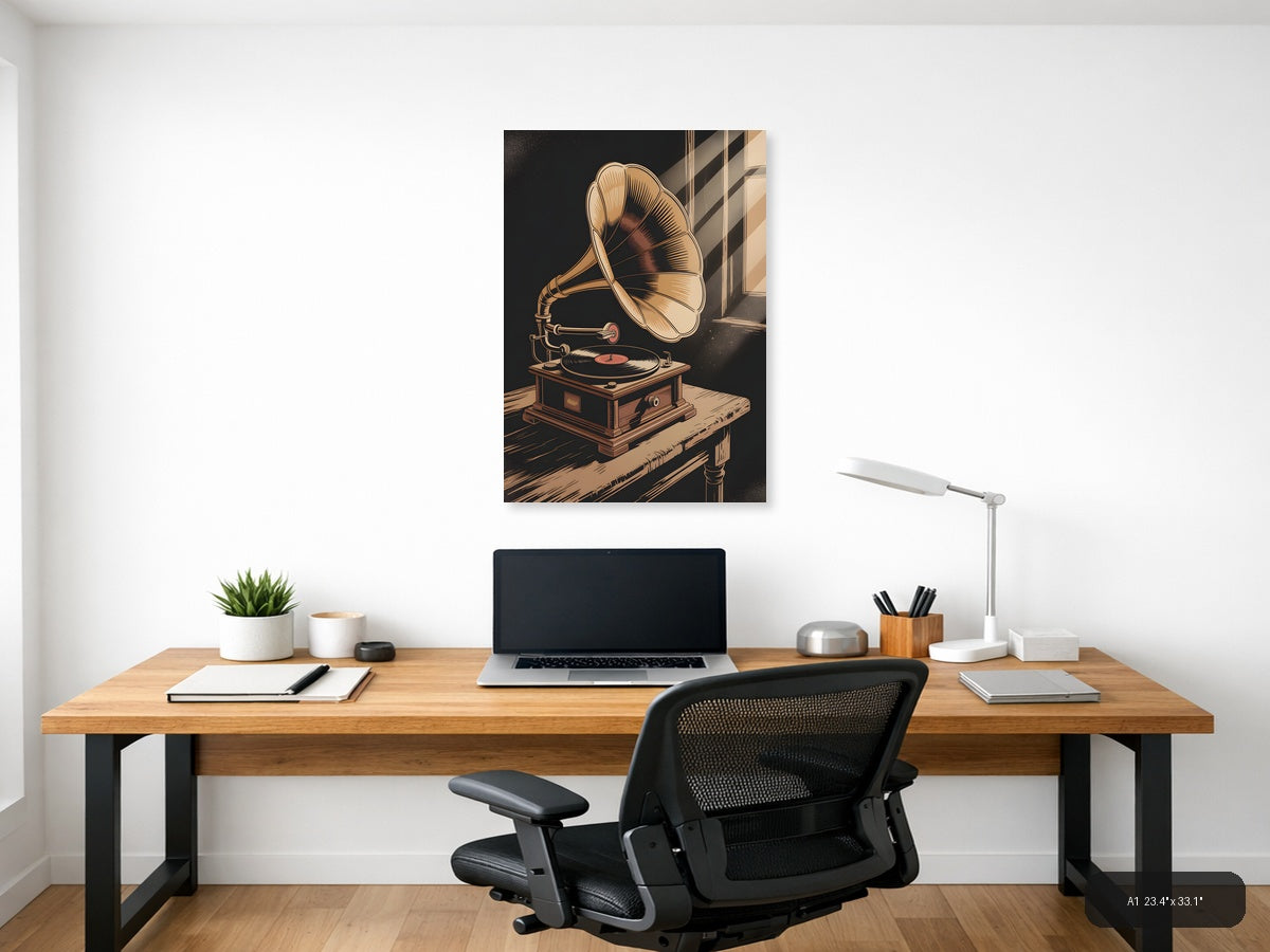 Vintage Gramophone Record Player Wall Art — A1 / Office