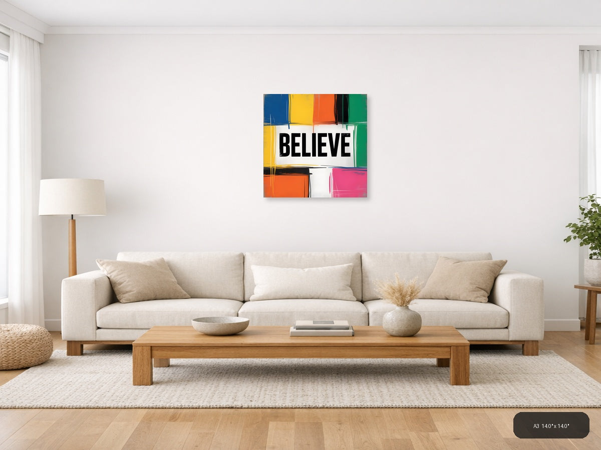 BELIEVE Colorful Abstract Blocks Square Wall Art — A3 / Living Room
