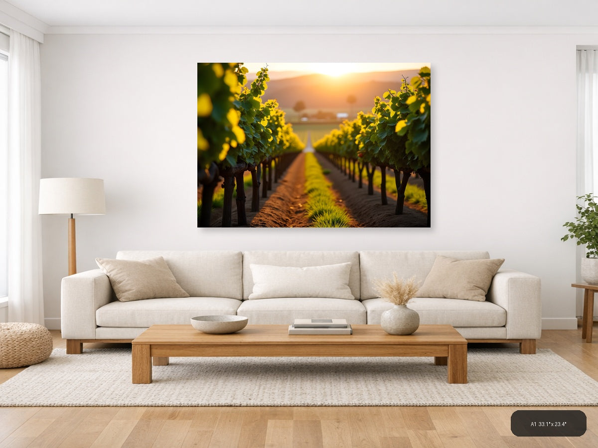 Golden Sunset Vineyard Rows Photography Wall Art — A1 / Living Room