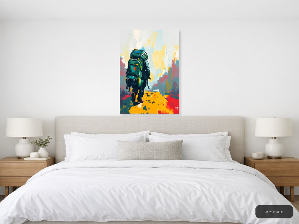 Abstract Hiker with Green Backpack Portrait Wall Art — A1 / Bedroom