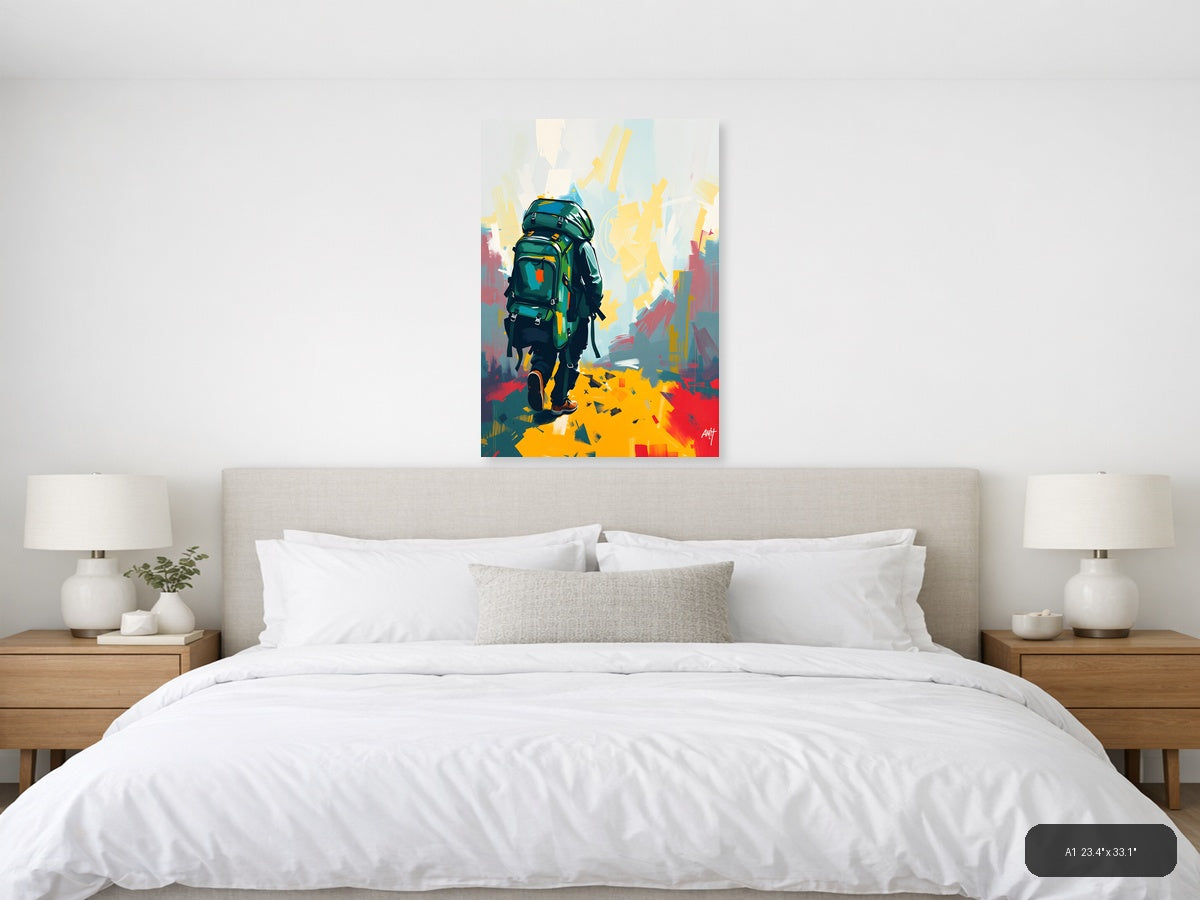 Abstract Hiker with Green Backpack Portrait Wall Art — A1 / Bedroom