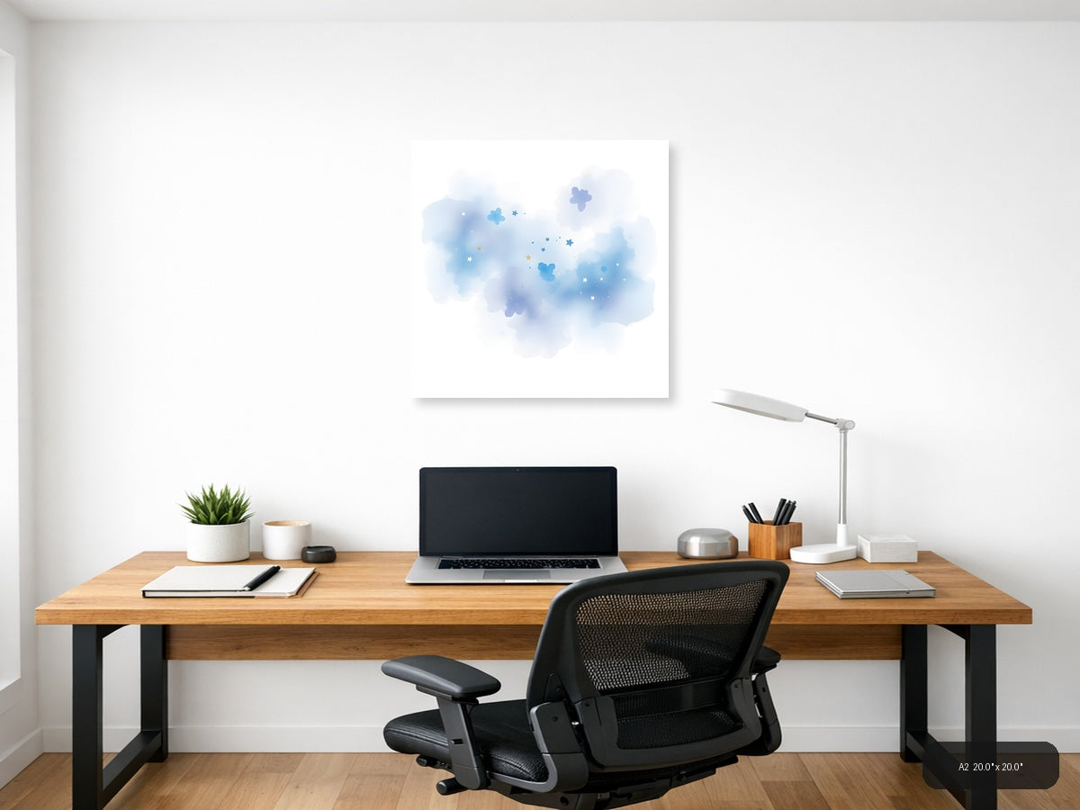 Dreamy Blue Watercolor Sky with Stars and Clouds Wall Art — A2 / Office