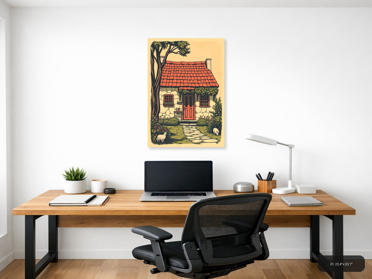 Vintage Cottage with Red Roof and Tree Wall Art — A1 / Office